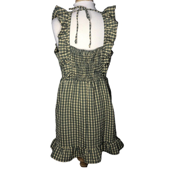Green Yellow Gingham Ruffle Mini Dress M – Square Neck, Smocked Back Cottagecore - Picture 2 of 6
